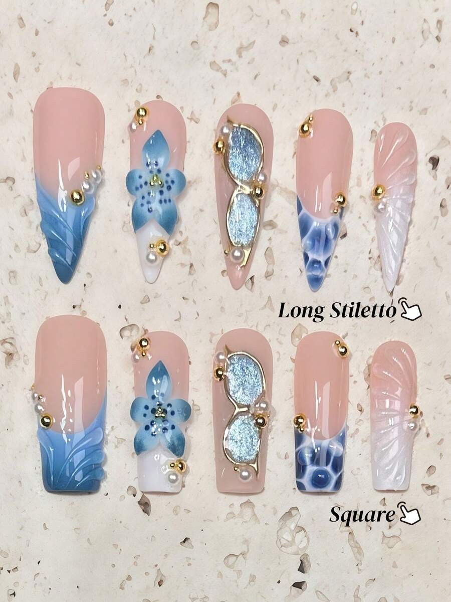 10pcs Handmade Long Pointed French Manicure Nail Stickers Press On Nails