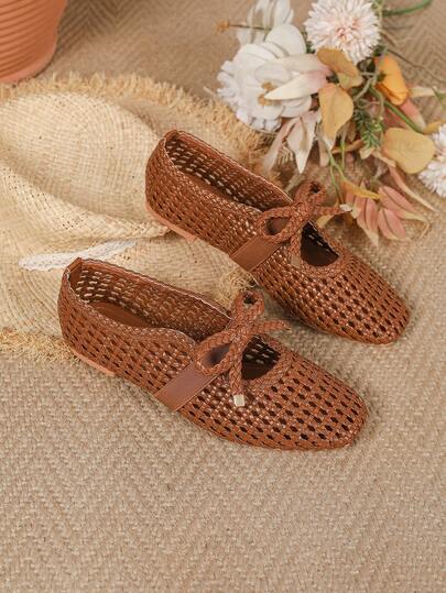 2026 New Bohemian Hollow Out Woven Breathable Bow Tie Mary Jane Flat Shoes, Casual Comfortable Elegant Elastic Band Perforated Shoes, Lightweight, Breathable, Suitable For Daily Casual, Shopping, Office, Ballet And Other Occasions