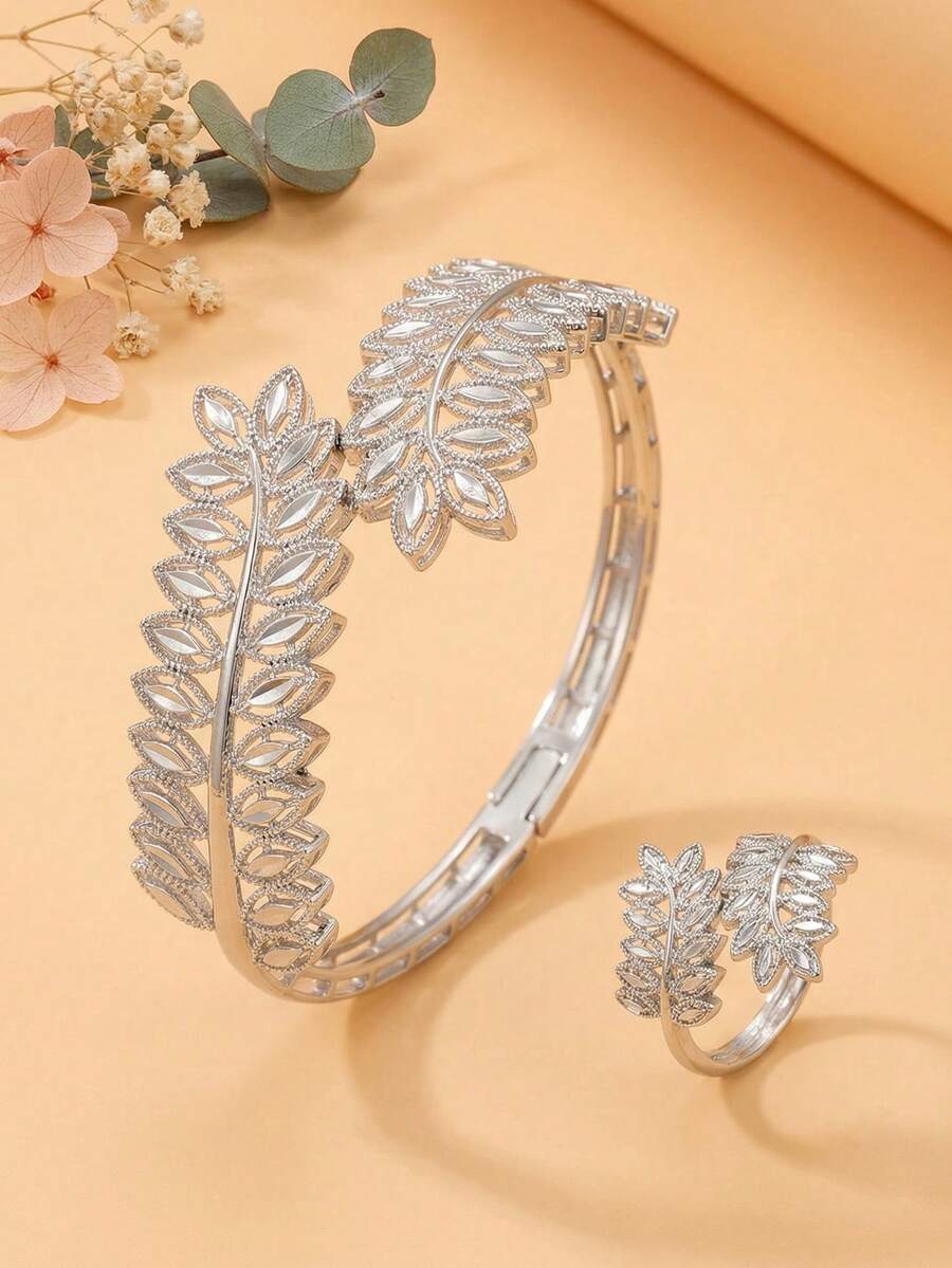 1 Set 18K Gold Plated Floral Bangle & Ring Set, 1 Bangle 1 Ring For Women - Silver - View 1