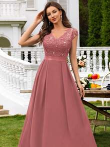 MIUSOL Vestido con cuello en V, encaje con lentejuelas, manga corta de gasa, bajo plisado, vestido elegante para mujer, vestido de fiesta formal, vestido de graduación y baile de promoción - Rosa vieja - Ver 8