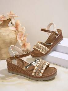 Giày sandal đế xuồng mùa hè mới, đế dày chống trơn trượt, cỡ lớn dành cho nữ, kiểu quai cài, giày đi biển. - màu nâu - Xem 6