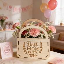 Laser Engraved Wooden Flower Pot - "Best Mom Ever" Floral Container, Collectible Architecture & Decor, Decorative Centerpiece For Mother's Day & Birthday Gifts - Multicolor - View 5