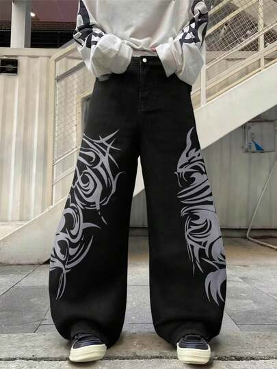 Quần jeans ống loe dáng rộng in họa tiết trừu tượng phong cách retro LIYS, kiểu quần jeans phồng thoải mái, phù hợp cho tiệc tùng, dạo phố và mặc ở nhà.
