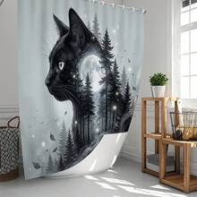 1pc/4pcs Moonlit Forest Black Cat Pattern Multifunctional Bathroom Decor Shower Curtain Set, Free 12 Hooks Included, Elegant Holiday Atmosphere, Bathroom Mat, U-Shaped Floor Mat And Round Toilet Mat, Suitable For All Scenarios Bathroom Set - Black Cat Forest - View 12