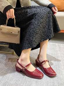 Women's Mary Jane Low Chunky Heels Slingback Closed Square Toe Dress Shoes Elegant Wedding Party Work Office Pumps Shoes - Đỏ - Xem 3