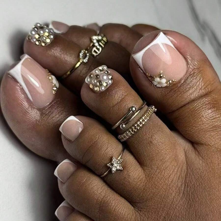 24pcs Glossy Short Square Press-On Toenails, White French Style Fake Toenails With Rhinestone, Pearl & Flower Design, Full Coverage Pink Acrylic Toenails, Nail Art Supplies For Women - White - View 1
