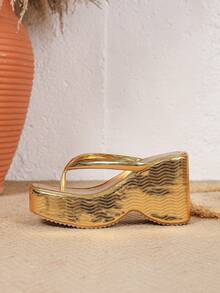 Giày sandal đế dày viền vàng thời trang nữ, kiểu dáng tối giản, thanh lịch, thích hợp cho kỳ nghỉ, tiệc tùng, dép cao gót mùa xuân/hè. - Vàng - Xem 5