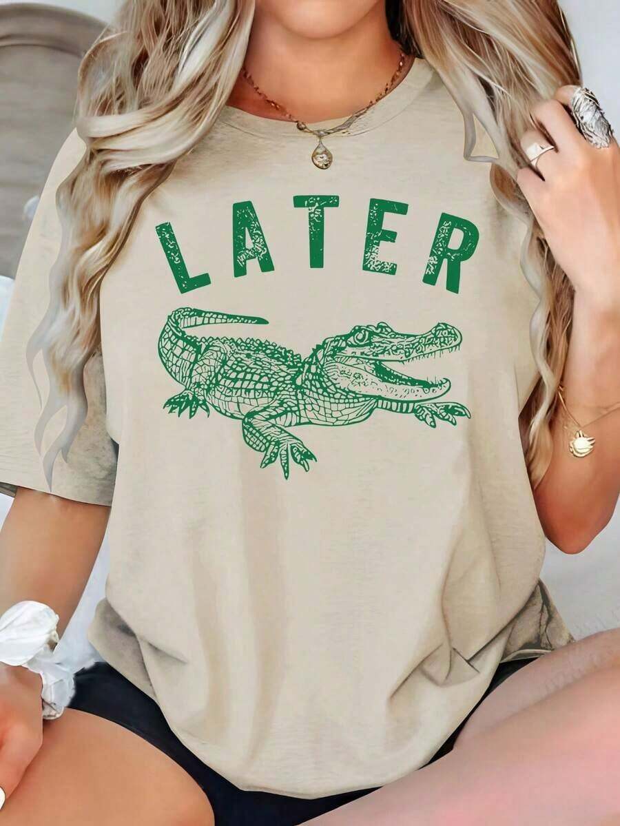 Pezzo, Camicia Grigia, 2026, 100% Cotone, Later Gator Shirt, 180g Alligator Divertente, Provocante Camicia Coccodrillo, Camicia Ampia Da Donna, Top Casual E Semplici A Maniche Co - 杏色 - 查看 1