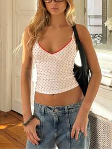 Women Polka Dot Spaghetti Strap Tank Tops Y2K Fairycore Lace Trim Corset Camisole V Neck Slim Cami Tops Cute Lace Trim Crop Tops For Summer Going Out Tops Sweet T-Shirt Casual Streetwear - Chấm bi trắng đỏ - Xem 2