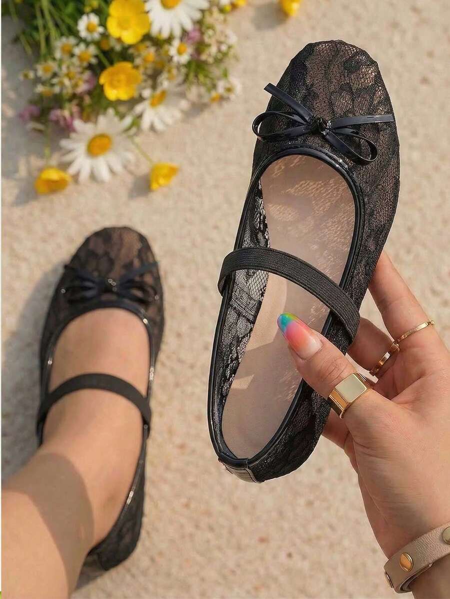 planare 女款黑色平底鞋 - 蝴蝶結裝飾與花卉刺繡，夏季時尚優雅套腳芭蕾舞鞋，透氣鏤空網格涼鞋，輕盈舒適，適合日常通勤、約會及其他場合