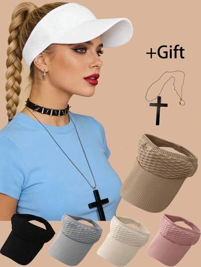 1 pieza Visera de sol abierta para mujer con gorra de béisbol, regalo de collar de cruz, sombrero de sol para montañismo y actividades al aire libre, sombrero de sol sin ala para primavera/verano con protección UV