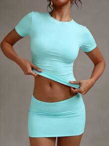 XLLAIS Women's Mint Blue Pleated Bodycon Mini Skirt, Fashionable Ruched High Stretch Double-Layer Yoga Fabric Tight Skirt For Summer - Mint Blue - View 8