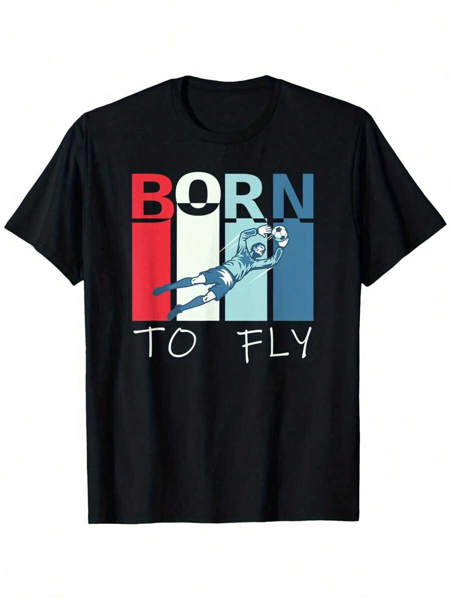 Una pieza única, la camiseta de portero 'Born to Fly' presenta un interesante diseño deportivo con la impresión 'BORN TO FLY' y una ilustración de un jugador de fútbol. Es cómodo y perfecto para uso casual o actividades deportivas. - Negro - Ver 1