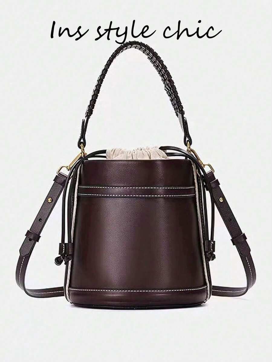 New Fashionable Classic Multifunction Solid Color Waterproof PU Women's Handbag, With Drawstring Design, Contrast Color Bucket/Crossbody Bag. Women's Wallet, Suitable For Shopping, Work, Travel - Burgundy - View 1