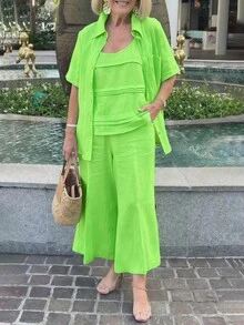Plus Size Women's Summer Outfit, Casual Vacation Fresh Green Short Sleeve Shacket + Pleated Camisole + Wide Leg Pants Casual Suit, Ladies' Country Style Clothing Elegant - Green - View 1