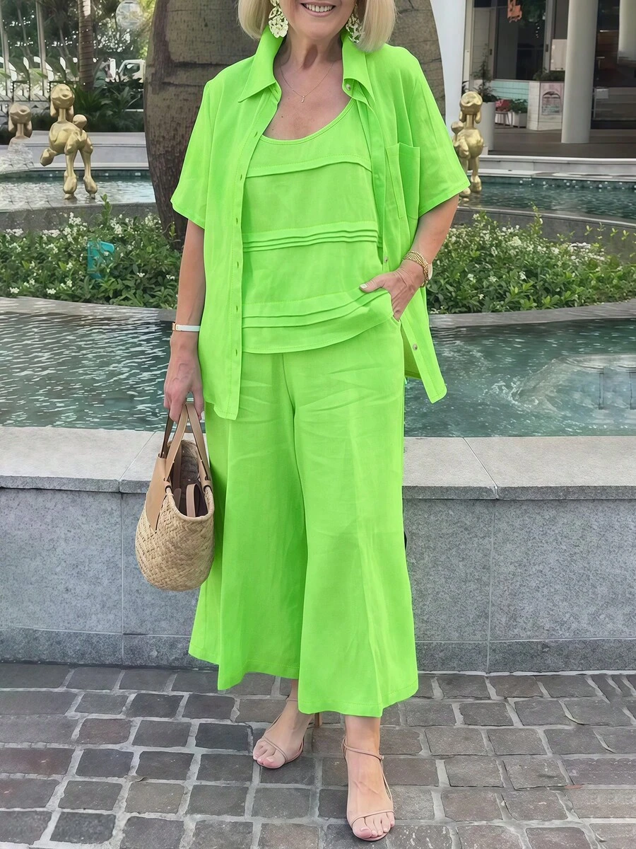 Plus Size Women's Summer Outfit, Casual Vacation Fresh Green Short Sleeve Shacket + Pleated Camisole + Wide Leg Pants Casual Suit, Ladies' Country Style Clothing Elegant - Green - View 1