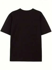 "Camiseta de Moda Nueva" Camiseta de Mujer Talla Grande Negra de Manga Corta con Cuello Redondo y Estampado Digital Vibrante, Lavable a Máquina, Corte Regular para Atuendo Casual. - Negro - Ver 3
