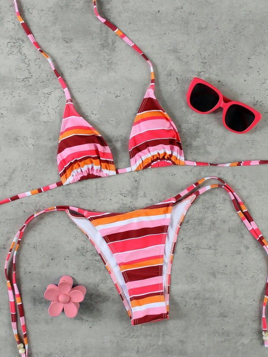 Nouveau bikini d'été à la mode à rayures et dos nu, ensemble de maillot de bain élégant pour femmes. Tenue de plage décontractée, convient pour les fêtes de plage d'été, les vacances printanières, les sorties romantiques. Design unique, style bohème, idéal pour les voyages et les loisirs quotidiens. - Multicolore - Voir 1