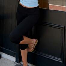 Y2K White Foldover Waist Capri Leggings Women Stretchy Slim Fit Cropped Pants Streetwear - màu đen - Xem 4