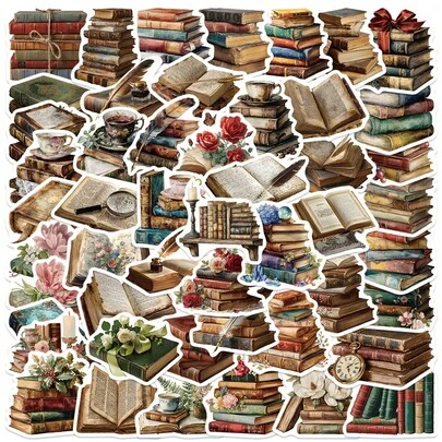 50张复古书籍卡通可爱涂鸦贴纸，适用于DIY剪贴簿、吉他、杯子、头盔、创意节日装饰贴纸
