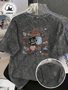 Camiseta vintage lavada | Camiseta de manga corta holgada con estampado de dibujos animados para mujer talla grande, adecuada para todas las estaciones, color negro de verano - Negro - Ver 11