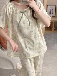 2pcs Women's Sleepwear Set, French Countryside Style, Summer Breathable Round Neck Short Sleeve Capri Pants Floral Homewear With Chest Pads - Apricot - View 3