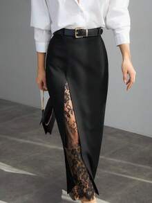Women's Lace Patchwork Elegant Slit Design Skirt, Suitable For Office Casual Commute, All-Season Wear (Belt Only For Display) - Black - View 5