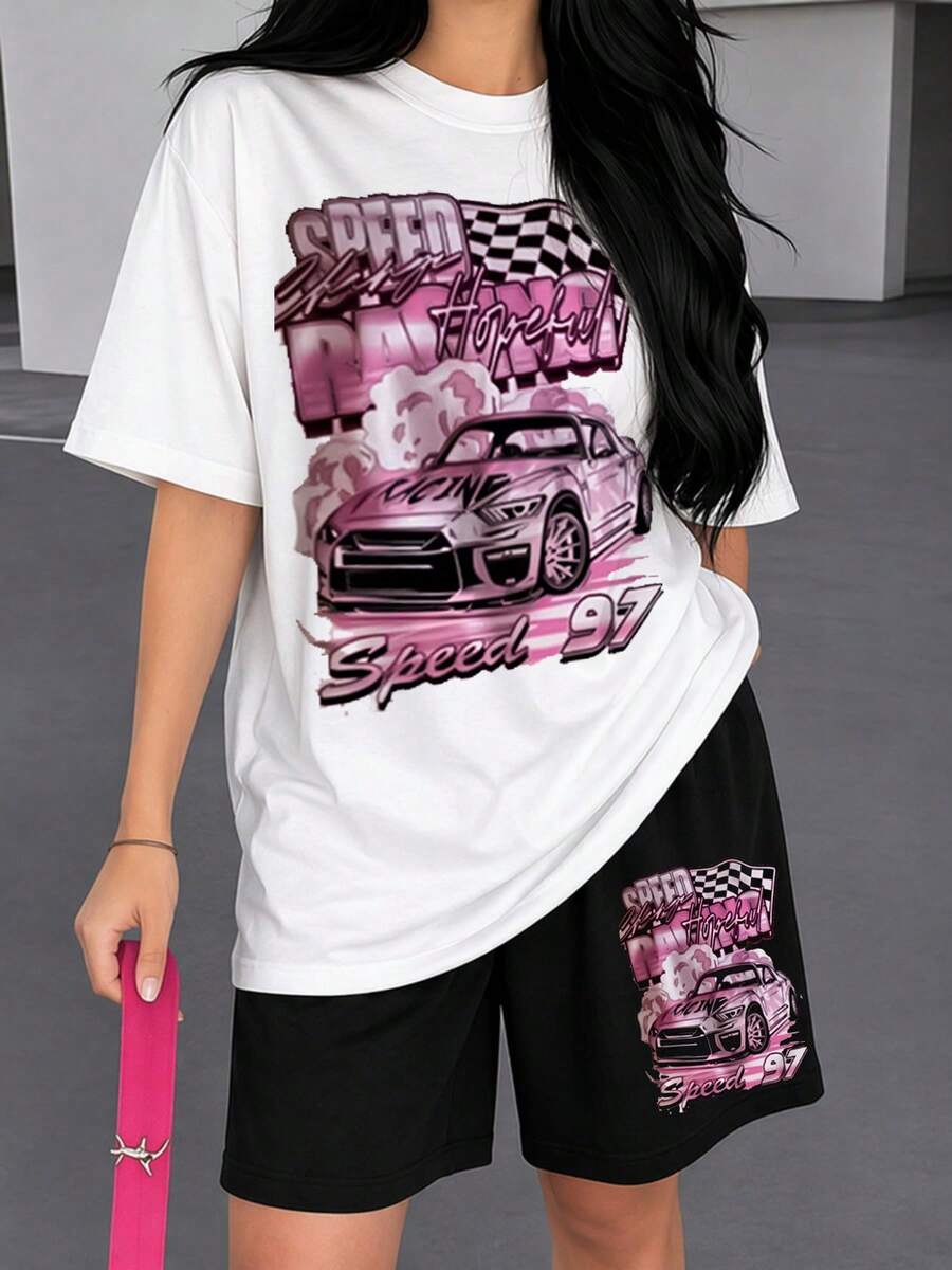Retro Pink Car Graphic 2 Piece Sets Woman Summer Outfits For Women Y2K Soft Lightweight Fashion Outfit - 白色 - 查看 1