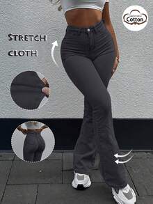 Pantalon évasé gris foncé style Y2K pour femmes, couleur unie taille haute à design ajusté élastique, élégant style décontracté de rue, convient pour le printemps/été, les vacances, le style boho - Gris - Voir 11