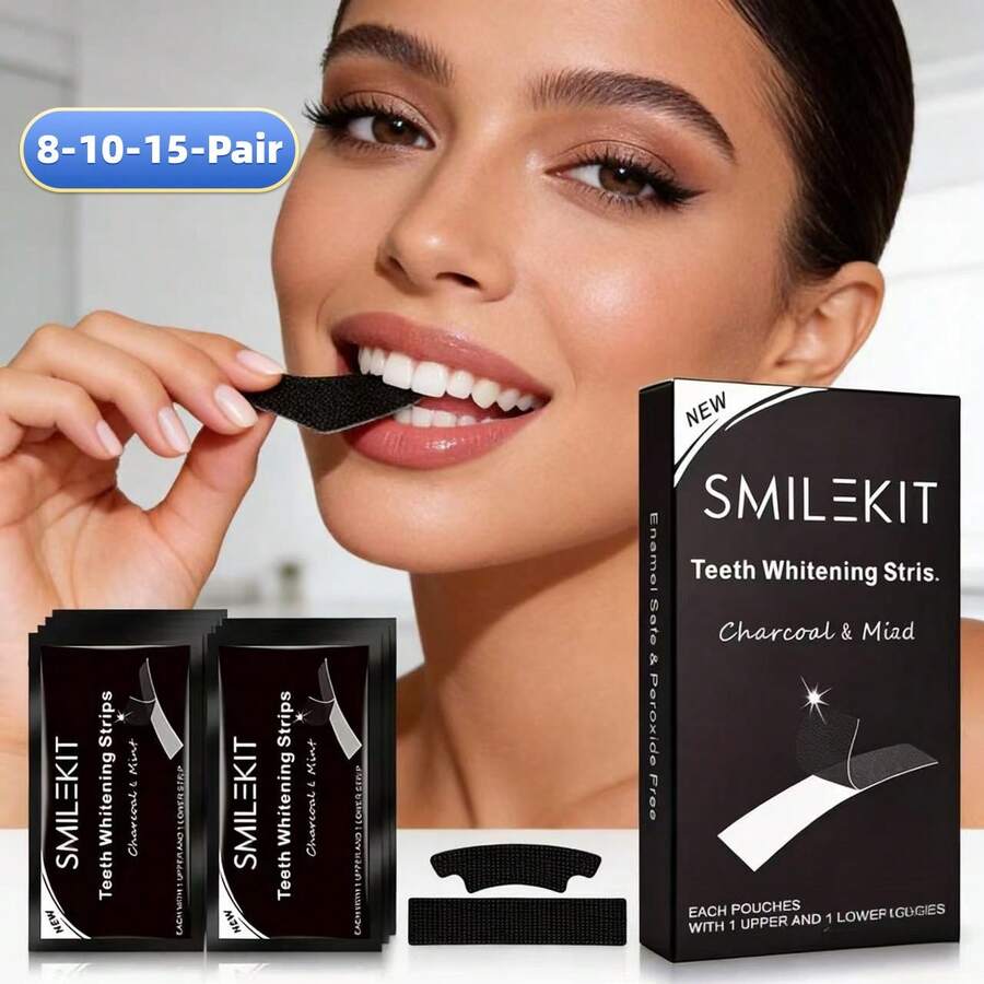 7-8-10-14-15-21 pares de tiras de blanqueamiento dental de carbón de bambú, limpieza profunda, aliento fresco, blanqueamiento dental, uso diario, cuidado oral, tiras dentales, sabor a menta - Tiras blanqueadoras de dientes con carbón de bambú - Ver 1