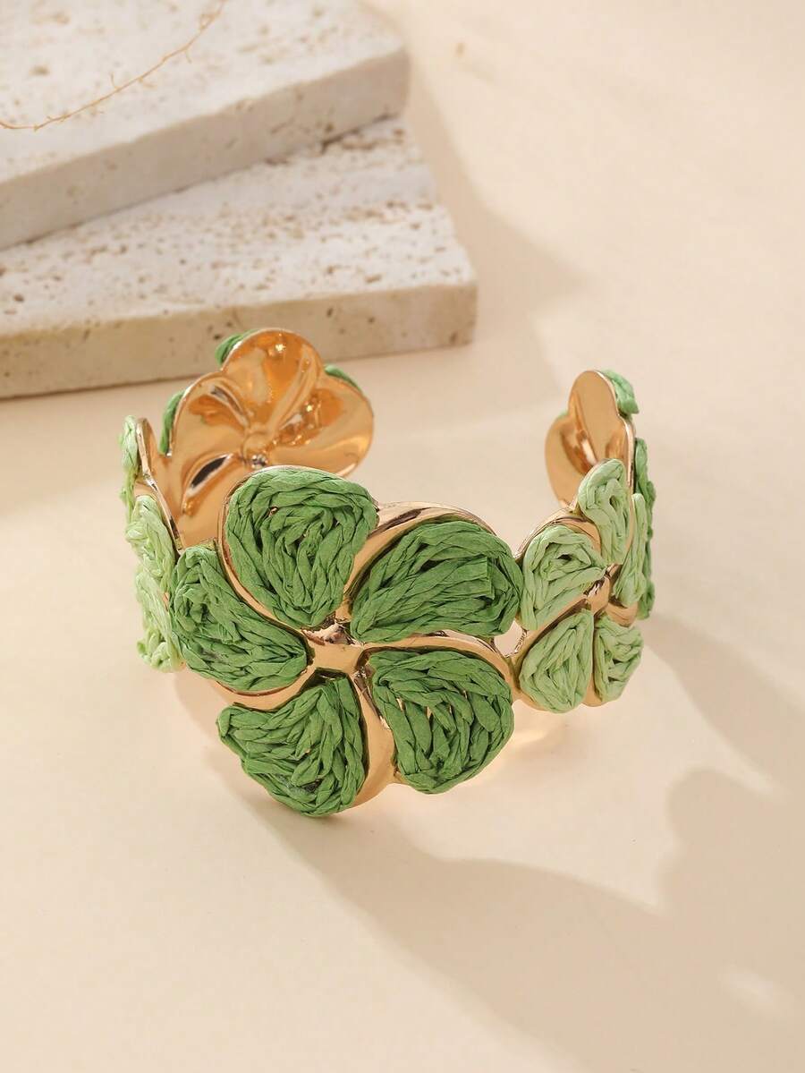 1 pieza Brazalete de flores de ratán estilo vacaciones, brazalete de flores de metal de color contrastante, accesorio de nicho para vacaciones en la playa, fiestas de verano, reuniones con amigos, uso diario, estilo retro - Verde - Ver 1