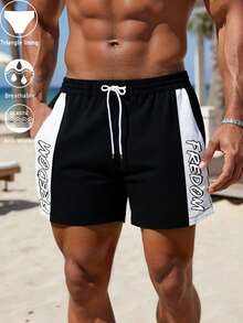 Men's Contrast Panel Letter Print Quick-Dry Mesh Lined Swim Trunks With Drawstring Waist And Side Pockets - Black - View 1