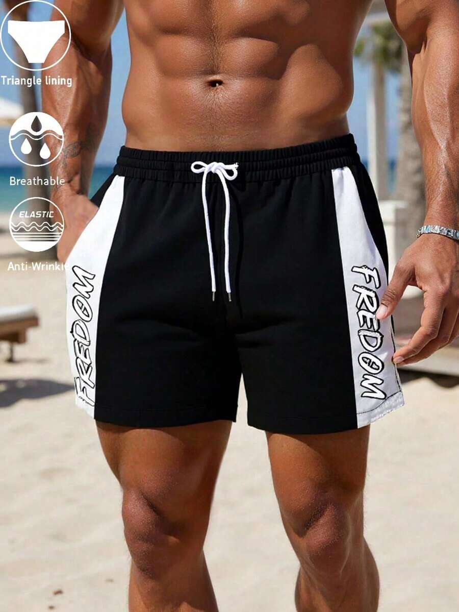 Men's Contrast Panel Letter Print Quick-Dry Mesh Lined Swim Trunks With Drawstring Waist And Side Pockets - Black - View 1