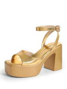 Women Platform Chunky High Heeled Sandals Open Toe Buckle Decor Ankle Strap Heeled Sandals - 金色 - 查看 5