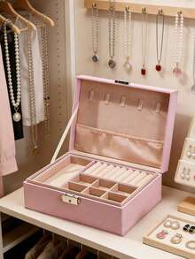 1pc Large Capacity Storage Box, Jewelry Box, Makeup Box, Vintage Leather Jewelry Box With Lock And Key, Dual Layer Desktop Storage Box, Suitable For Women's Accessories, Soft Velvet Lining, Multifunctional Storage For Earrings, Bracelets, Rings, Necklaces, Ideal Gift For Valentine's Day, Christmas, Birthday, Jewelry Box, Home Jewelry Storage Box, Travel Storage Box, Exquisite Mini Earring Storage Box, Travel Jewelry Zipper Case - Multicolor - View 2