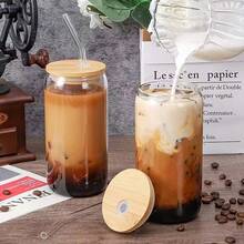 24件套竹盖玻璃杯，配玻璃吸管和吸管刷 - 高硼硅耐热玻璃杯，17盎司大容量冰咖啡/苏打水杯套装，可爱玻璃杯，适合日常通勤/居家饮用/办公室下午茶/学生课堂/户外露营/咖啡店冷饮/冰沙/珍珠奶茶/苏打威士忌/水/鸡尾酒，女士礼物等。 - 無色 - 查看 4