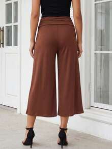 Women's Fold Over Waist Capri Fashionable Casual Solid Color Low Rise Wide Leg Crop Pants - Dark Brown - View 6