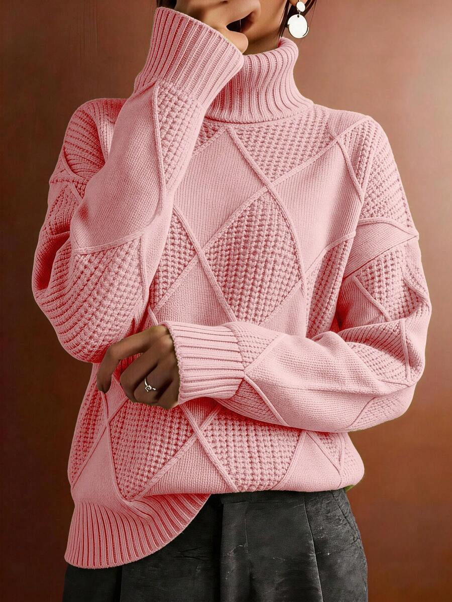Women's Casual Plus Size High Neck Pullover Sweater, Autumn/Winter - Pink - View 1
