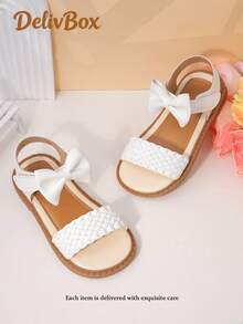 1 Pair Girls' Woven Bow Breathable PU Ankle Strap Open Toe Flat Sandals, Fresh & Cute For Daily Wear And School - White - View 2