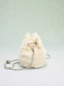 SCULPTEDSTYLE BAGS 1pc Summer Fresh Mesh Tassel Ruffle Bucket Bag, Fashion Chain Pearl Drawstring Shoulder Crossbody Bag, Gentle Sweet Style Suitable For Wedding Season Bridesmaid, Shopping, Date, Afternoon Tea - Beige - View 4