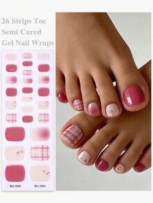 26片春夏红粉渐变樱桃格纹半固化凝胶脚趾甲贴，甜美可爱凝胶脚趾甲贴纸 - 沙龙品质，易于涂抹，适合女性日常休闲居家DIY美甲贴纸 - 粉色 - 查看 1