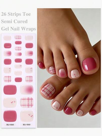 26片春夏红粉渐变樱桃格纹半固化凝胶脚趾甲贴，甜美可爱凝胶脚趾甲贴纸 - 沙龙品质，易于涂抹，适合女性日常休闲居家DIY美甲贴纸