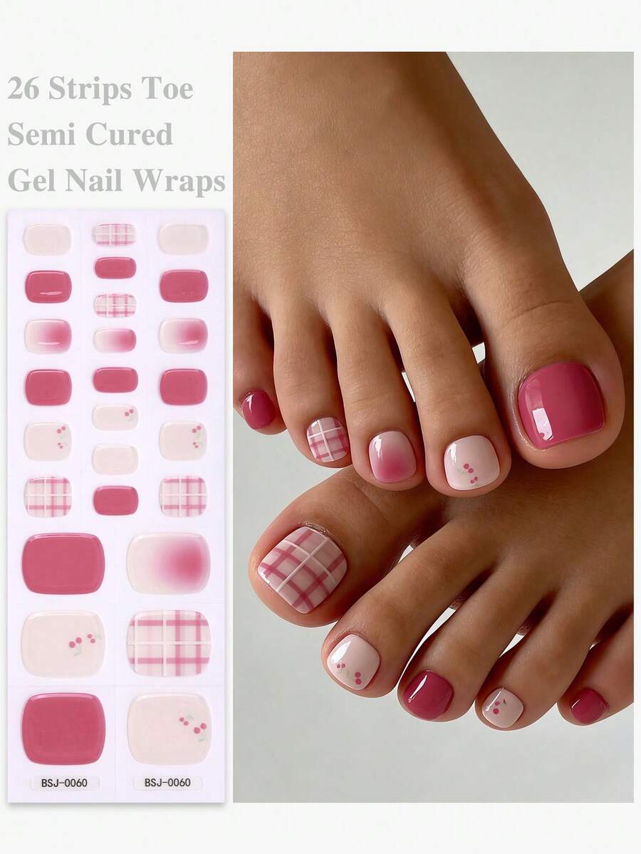 26片春夏红粉渐变樱桃格纹半固化凝胶脚趾甲贴，甜美可爱凝胶脚趾甲贴纸 - 沙龙品质，易于涂抹，适合女性日常休闲居家DIY美甲贴纸 - 粉色 - 查看 1
