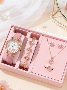 6pcs/Set Cute Pink Strap PU Leather Quartz Watch, Casual Heart Bracelet Jewelry Set, Suitable For Birthday Gift, - Pink - View 1