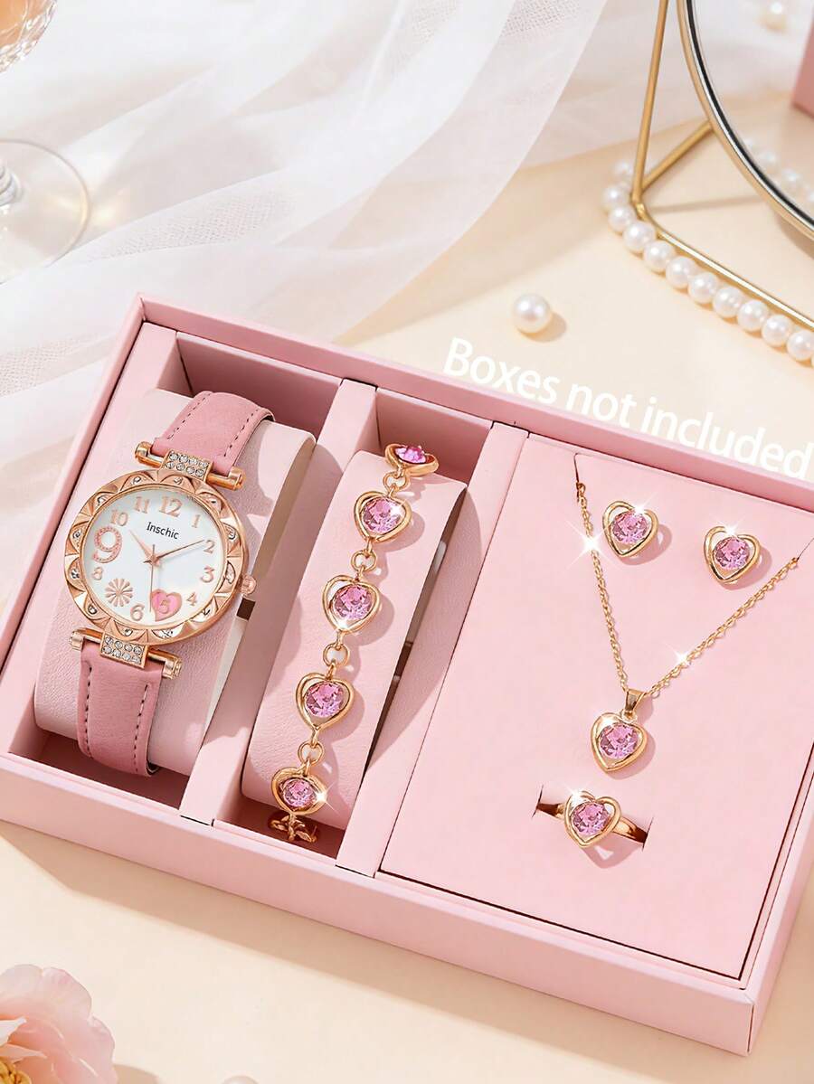 6pcs/Set Cute Pink Strap PU Leather Quartz Watch, Casual Heart Bracelet Jewelry Set, Suitable For Birthday Gift, - Pink - View 1