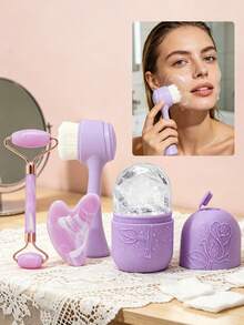 Bộ 4 món dụng cụ massage mặt Gua Sha, mặt nạ đá lạnh, cọ rửa mặt, con lăn massage toàn thân, bộ dụng cụ massage màu tím dùng cho massage toàn thân và nâng cơ mặt. - Màu tím - Xem 15