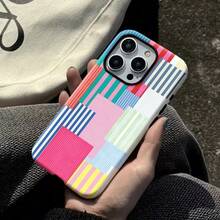 Funda de película con diseño de patrón de empalme único a rayas, diseño de moda de dos en uno, resistente, caso de doble capa a prueba de caídas, compatible con iPhone 17, 16, 15, 14, 13, 12, 11, 8, 7, X, XS, XR, Plus, Air, Pro, Max, Mini, SE2, SE3, perfecta nueva - Multicolor 1 - Ver 5