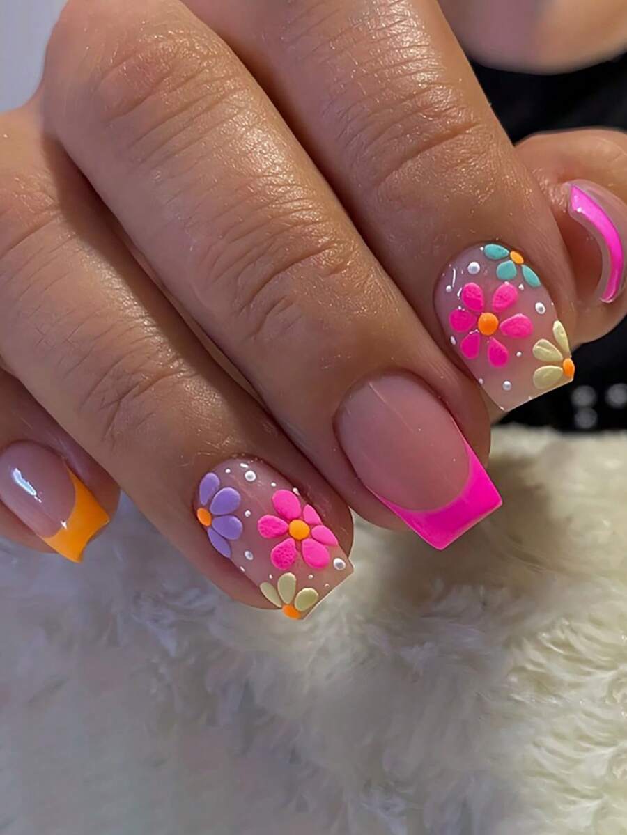 24pcs Short Square Fingernails With 1 Nail File And 1 Jelly Glue - Multicolor - View 1