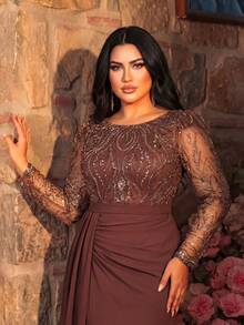 [Random Cut] Plus Size Women's New Round Neck Mesh Pearl Embroidery Patchwork Chiffon Ruched Waist Elegant Evening Party Dress Wedding Spring - Coffee Brown - View 4