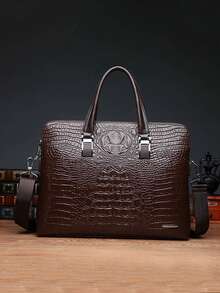 Men's Commuter Briefcase, High-End Crocodile Embossed Handbag, Men's One Shoulder Bag, Large Capacity New Business Computer Bag, Fashion Random Crocodile Texture Square Bag With Detachable Shoulder Strap, Messenger Bag, Gift For Men - Brown - View 6